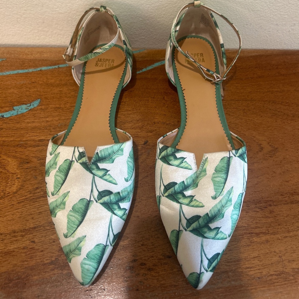 Anthropologie Leaf Motif Satin flats with ankle strap